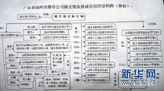 圖為廣東省汕尾市煙草專賣局局長陳文鑄家族成員組織結(jié)構(gòu)圖（1月13日攝）。新華社記者 劉大江 攝