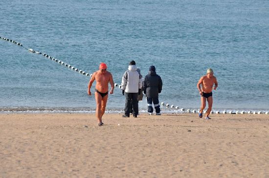 前海一線海水結冰 極寒天難擋冬游健將