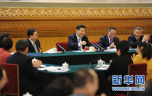 3月6日，中共中央總書記、國家主席、中央軍委主席習近平參加十二屆全國人大二次會議廣東代表團的審議。 新華社記者謝環馳攝